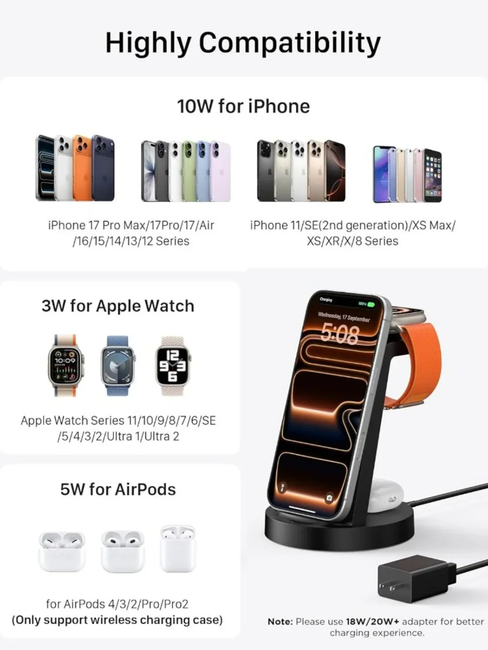 3-in-1 Wireless Charging Station for iPhone, Apple Watch & AirPods - Fast